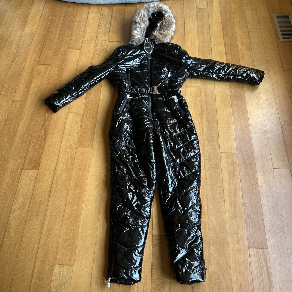 Risissida Black Size Medium Winter Snowsuit Coat With Hood & Removable Fur Trim